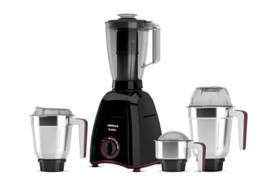 Havells Klassic 750 Watt 4 Jar Mixer Grinder, 21000 RPM Heavy Duty Universal Motor, 304 SS Blades, Large Size Break Resistant JarLids With Twist & Lock Mechanism- Black